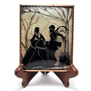 Vintage Silhouette Reverse Glass Painting Couple Winter Scene Copper Frame 4x5
